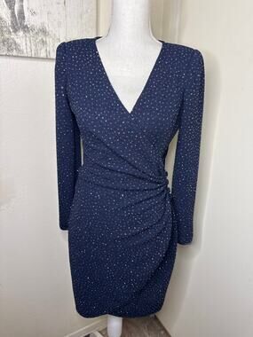 VTG 90s/Y2K Reggio Sparkle Wrap Dress Navy Blue Multicolor Glitter Cocktail 6